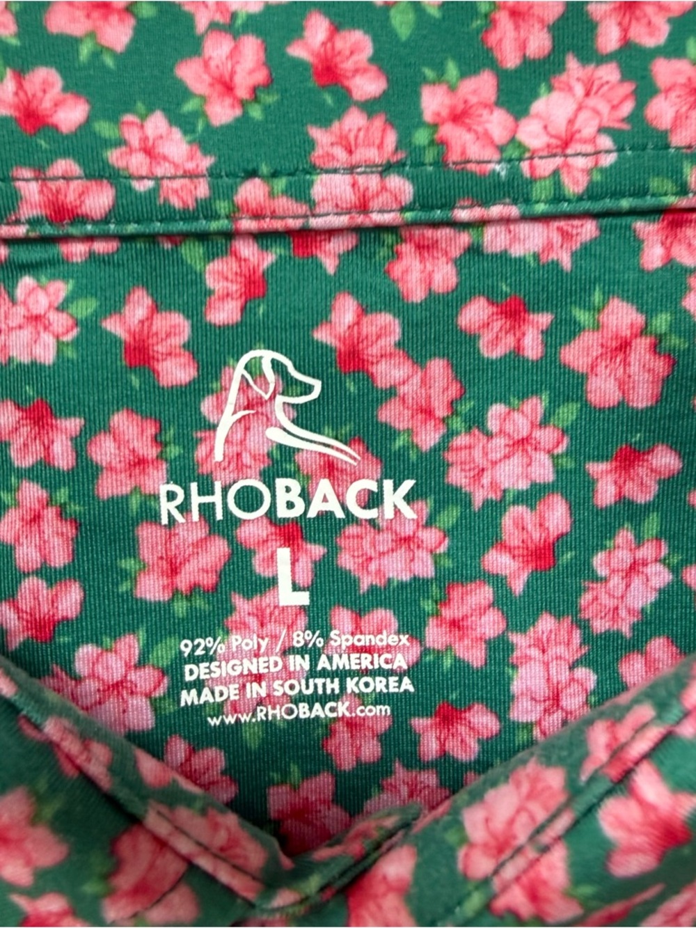 Rhoback Golf Polo Shirt Mens L Green Pink Azalea Flowers Floral Masters Print - Picture 3 of 7